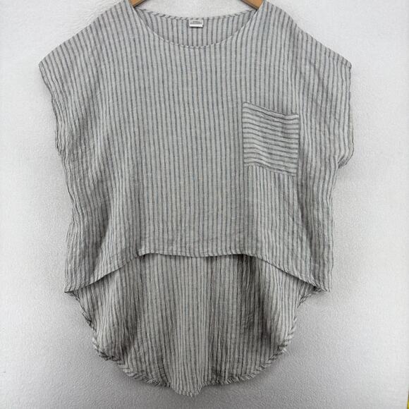ARTISTS & REVOLUTIONARIES Top One Size 100% Linen Striped Hi-Low Lagenlook Gray - Picture 1 of 12